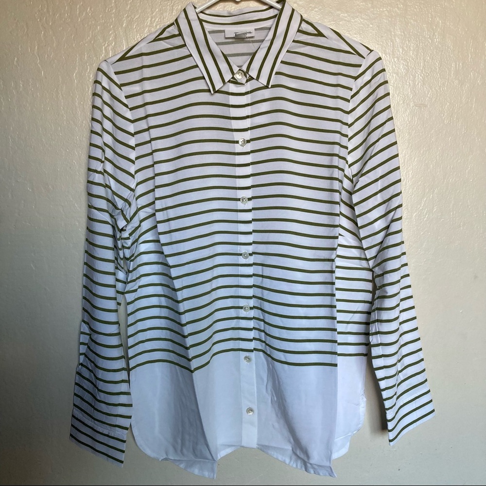 J. Jill Lightweight White Olive Striped Long Sleeve Button Down Blouse Size MP.